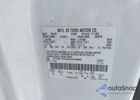 2010 Ford F-150 Stx/Xl/Xlt из США, поврежденный, VIN 1FTMF1EW2AKA18086